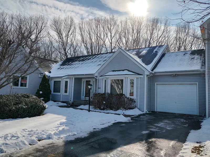 Single-story home with gray siding and rooftop solar panels under a clear winter sky